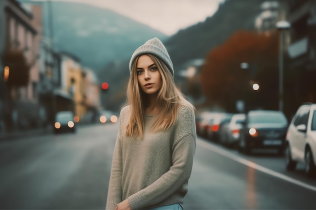 A woman stands on a street in front of a street with cars and a sign that says'i love you '