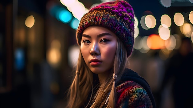 A woman stands in the street at night wearing a colorful hat.