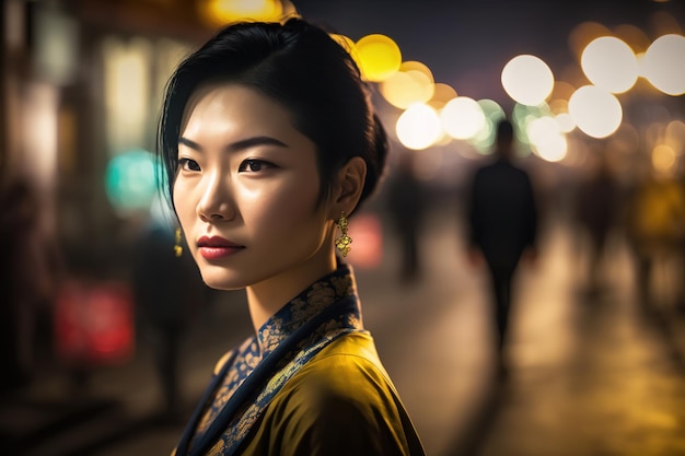 A woman stands in a street at night, wearing a traditional chinese dress.