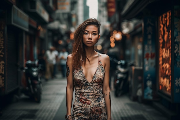 A woman stands in a street in shanghai