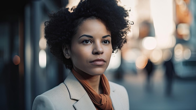 A woman stands in the street wearing a scarf and a scarf.