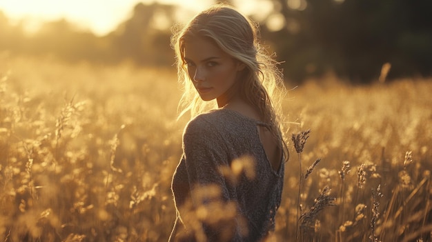 Photo a woman stands in a sunlit field capturing a serene and contemplative moment