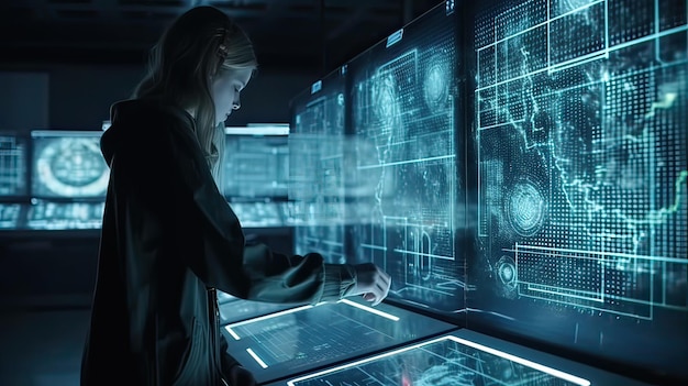 A woman stands at a table with a display of technology that says'the future of tomorrow '