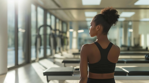 a woman stands on a treadmill in a gym with a window in the background