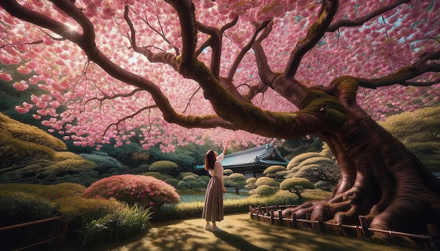 A woman stands under a tree with cherry blossom tree in full bloom