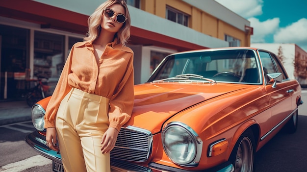 A woman stands next to a vintage car