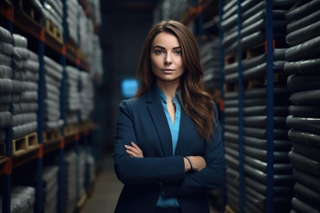 A woman stands in a warehouse with her arms crossed.