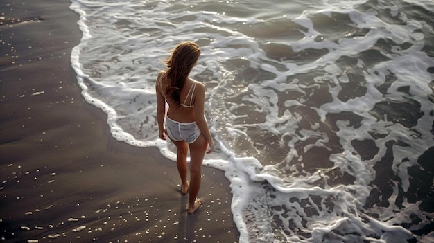 a woman stands in the water looking at the ocean