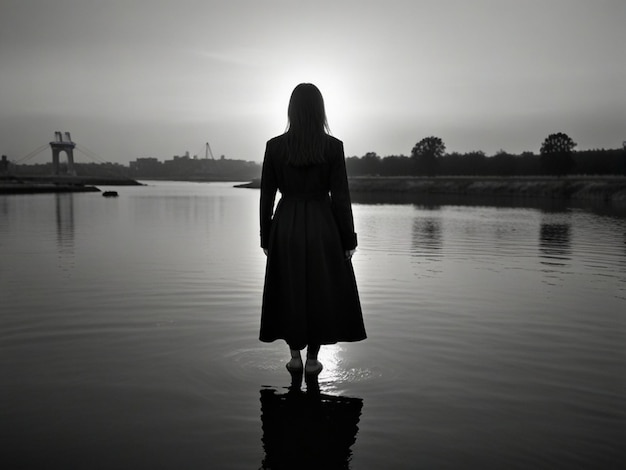 a woman stands in the water with the sun behind her back