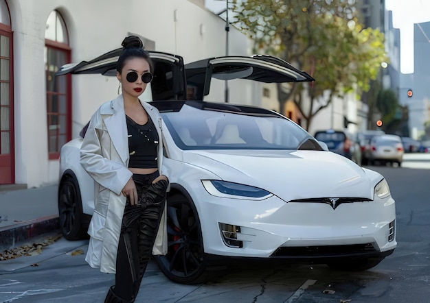 Photo a woman stands next to a white car with a hood that sayss the brandon it