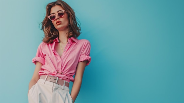 A woman stands with her hands in her pockets looking off to the side She wears a pink buttonup shirt with white pants a brown belt and pink sunglasses She poses in front of a teal wall