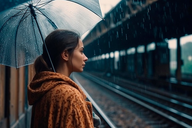 Woman at the station with umbrella in the rain