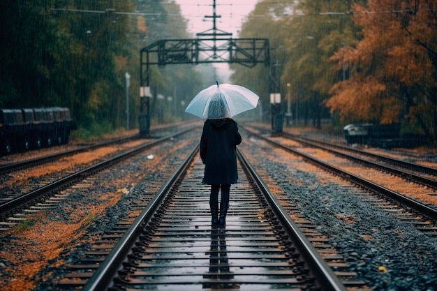 Woman at the station with umbrella in the rain