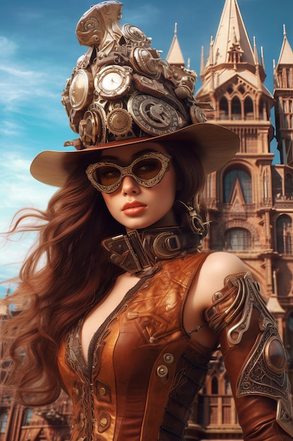 A woman in a steampunk style hat and glasses stands in front of a castle.