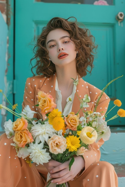 A woman on steps holding a bouquet of flowers radiating beauty and grace