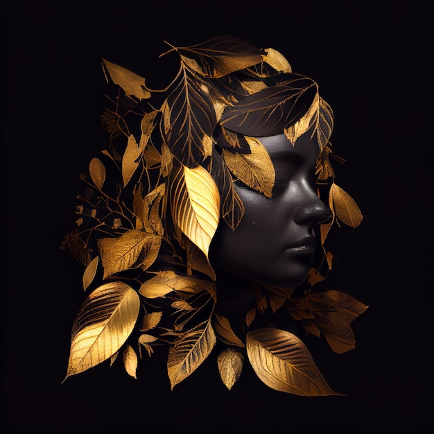 Woman sticking out of black and gold leaves Generate Ai