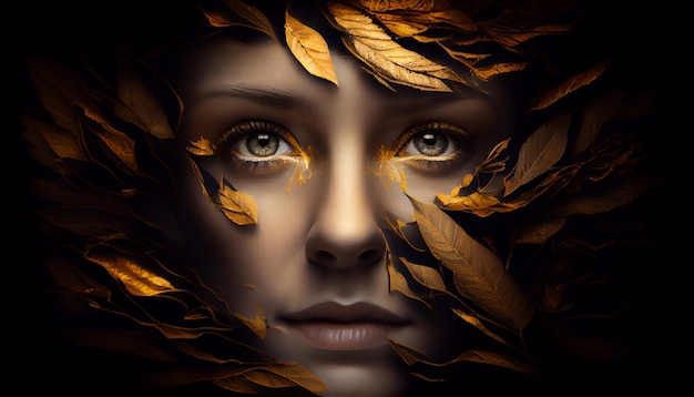 Woman sticking out of black and gold leaves Generate Ai