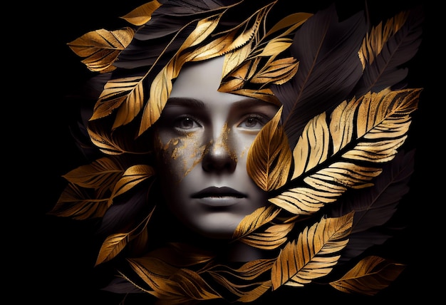 Woman sticking out of black and gold leaves Generate Ai