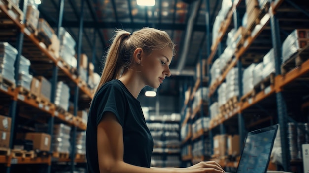 a woman in a store looking at a computer screen