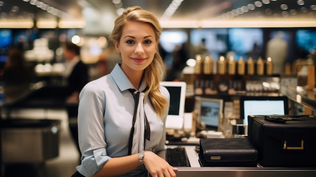 a woman in a store with a computer in front of her