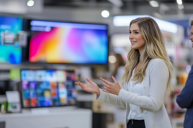 Photo a woman in a store with a large screen behind her