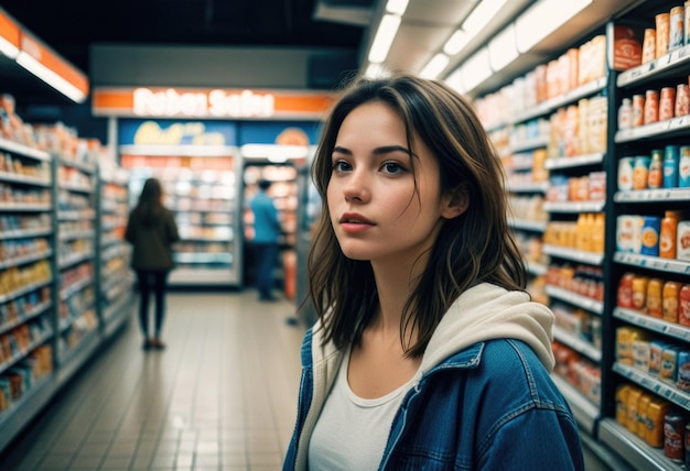 a woman in a store with a sign that says quot milk quot