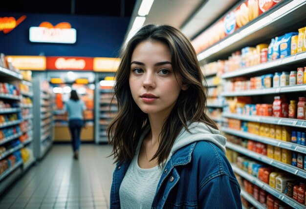 a woman in a store with a sign that says quot she is standing in front of a sign that says