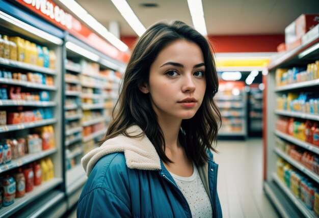 a woman in a store with a sign that says quot supermarket quot