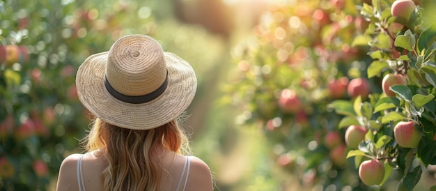 Woman in Straw Hat Enjoying a Sunny Day in an Apple Orchard with Ripe Red Apples on Trees