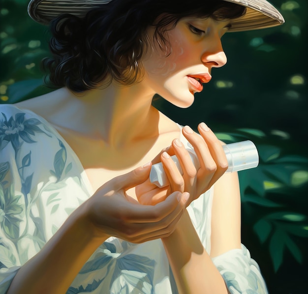 a woman in a straw hat is applying a cream to her face.