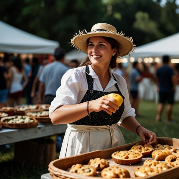 a woman in a straw hat is holding a box of food