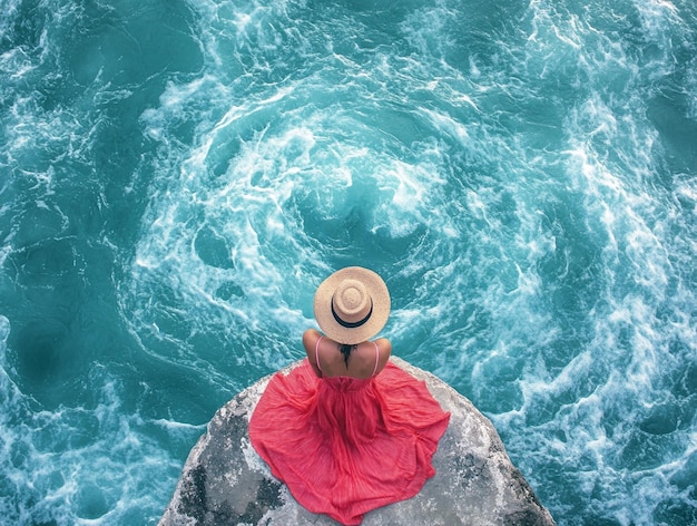 Photo a woman in a straw hat is looking at the ocean ai generated