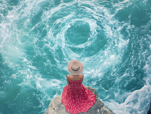 a woman in a straw hat is looking at the ocean ai generated