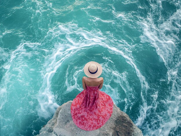 a woman in a straw hat is looking at the ocean ai generated