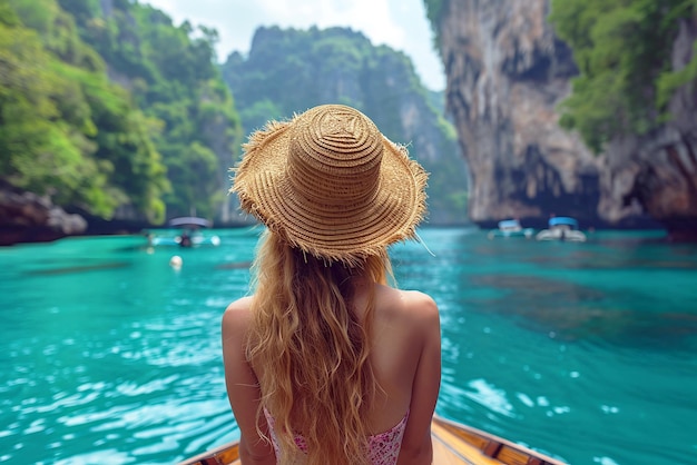 a woman in a straw hat is sitting in a boat with the ocean behind her