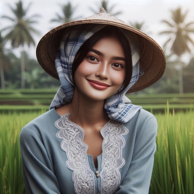 a woman in a straw hat is sitting in a rice field