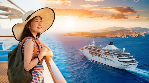 Photo a woman in a straw hat is standing next to a cruise ship