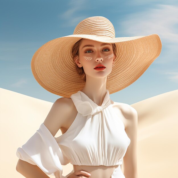 a woman in a straw hat is standing in the desert