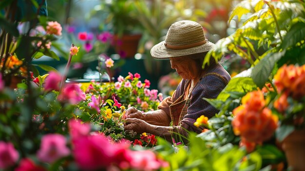 a woman in a straw hat is surrounded by flowers