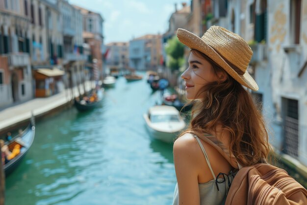 Woman in Straw Hat Looking Over Canal