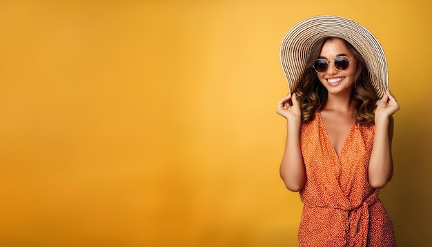 Photo a woman in a straw hat poses in front of a yellow background