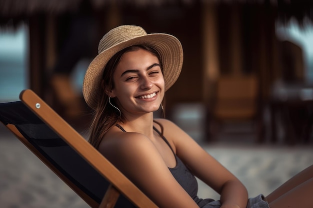 A woman in a straw hat sits in a beach chair and smiles.