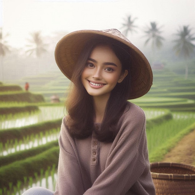 Photo a woman in a straw hat sits in front of rice paddies