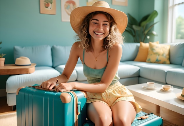 a woman in a straw hat sits on a suitcase with a hat on it