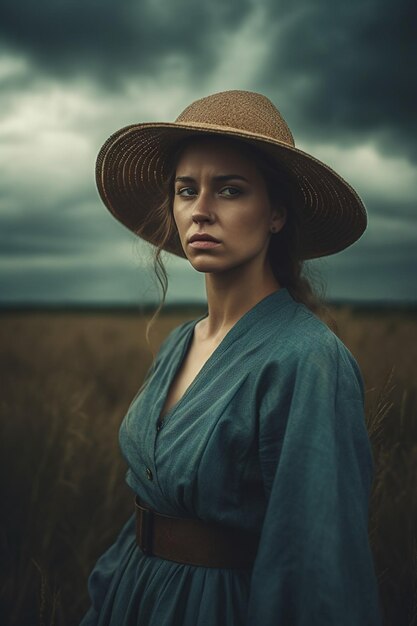 A woman in a straw hat stands in a field with a cloudy sky behind her.