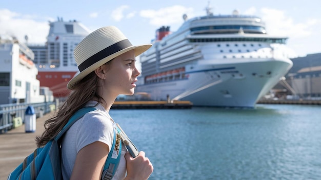 a woman in a straw hat stands in front of a cruise ship