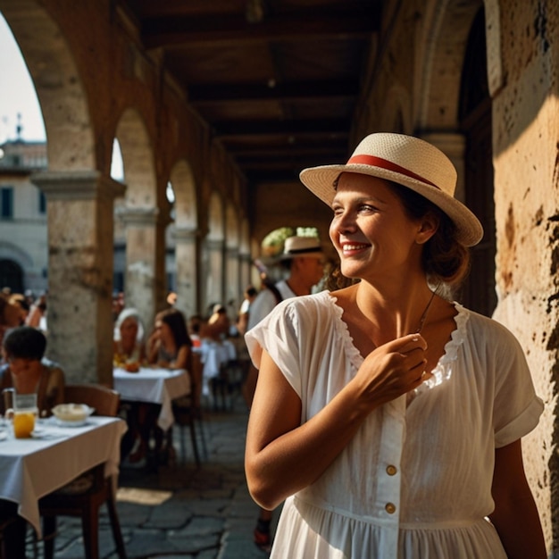 a woman in a straw hat stands in front of a restaurant with a straw hat on her head