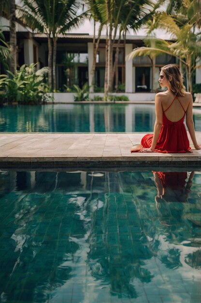 Photo a woman in a straw hat stands in a pool with palm trees in the background