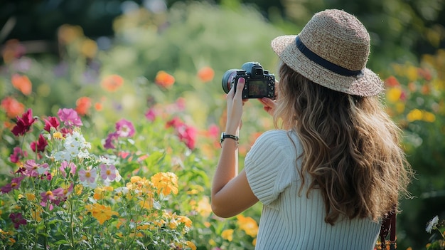 Woman in Straw Hat Taking a Photo of Flowers in a Garden