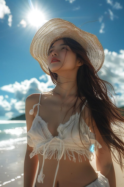 a woman in a straw hat with a white shirt and a white hat